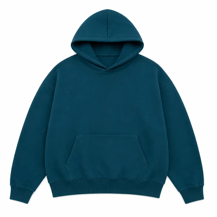 Hoodie azul petróleo acomodada de frente sobre fondo blanco, con el bolsillo canguro y los puños a la vista